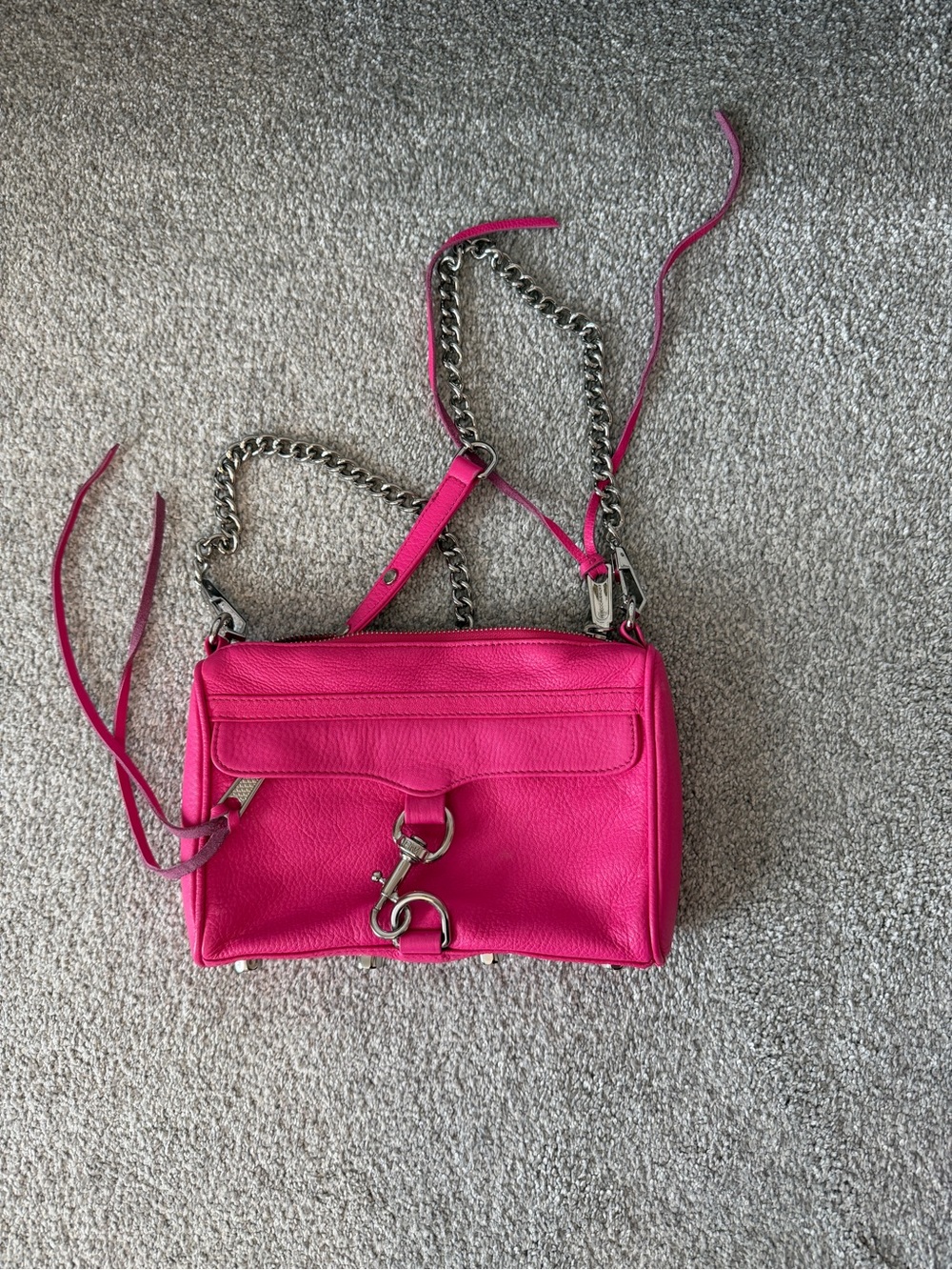 Rebecca Minkoff Hot Pink Leather Mini Crossbody with Silver Chain